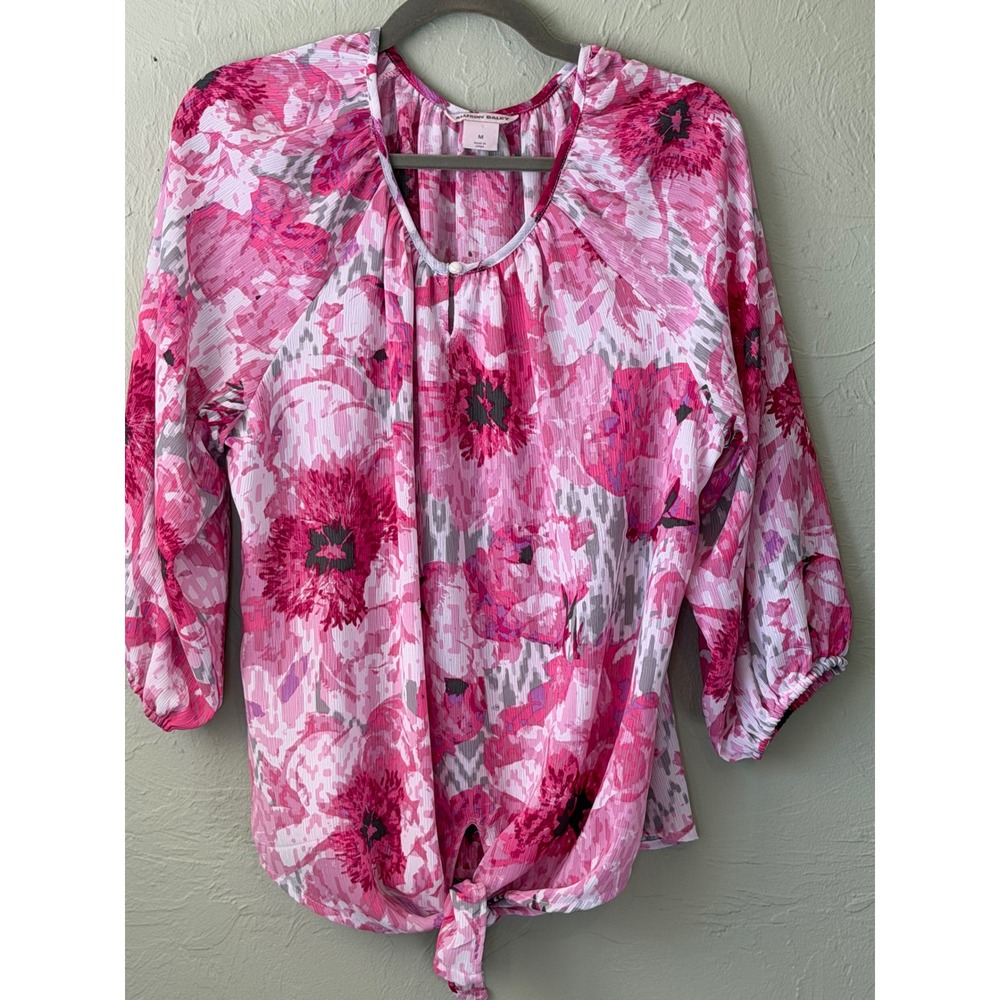 Allison Daley Women Pink Floral Tie Front Blouse 3/4 Sleeve Scoop Neck Top M